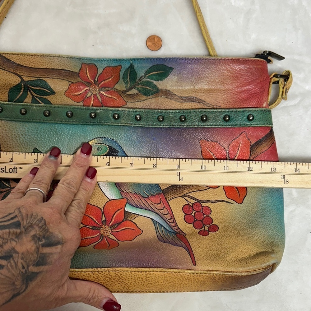 Anna Hand Painted Leather Crossbody Messenger Flap Bag with built in wallet like - Picture 10 of 16